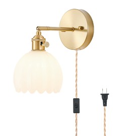 LINSEEDS Plug in Wall Sconce, Vintage Sconce Light with Tulip Milk White Glass Lampshade, 180° Adjustable Wall Sconce with Switch and Plug in Wall Lamp Cord, Gold Wall Light for Bedroom Bedside