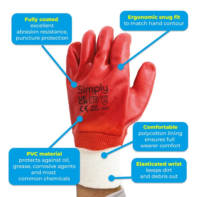 Simply Unisex Pvcg003 PVC Protective Gloves, Red, XL UK