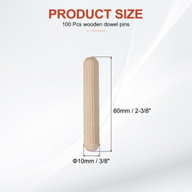 PATIKIL Wooden Dowel Pins 3/8" x 2-3/8" (10mm x 60mm) Straight Dowel Rods Wood Fluted Dowels Rods for Crafts Furniture DIY Hardwood Count 100