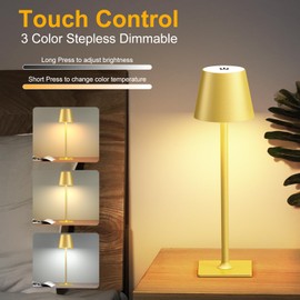 2 Pack Gold Cordless Table Lamp: 6000mAh Battery Operated Touch Lamp Outdoor Table Lights, 3 Color Stepless Dimming, Waterproof Wireless Portable Desk Lamp for Indoor Table Living Room Camping Cafe
