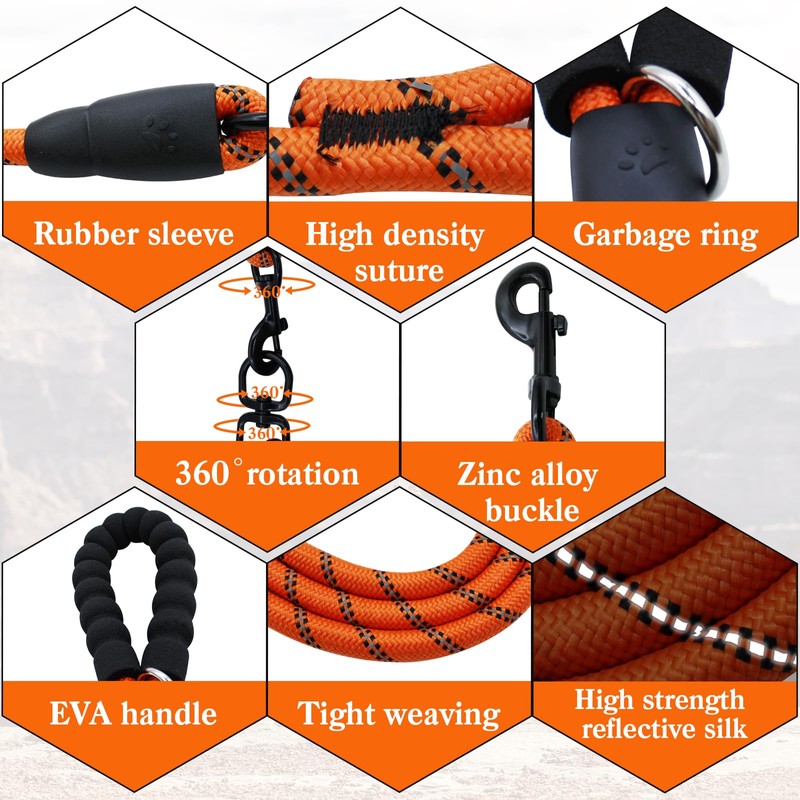 Three-Way No-Tangle Leash for 3 Dogs - Reflective, 360 Swivel