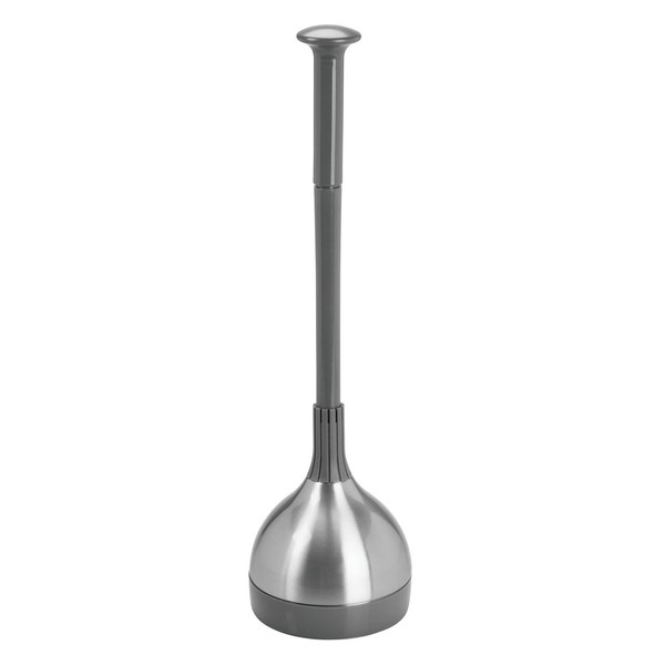 mDesign Bathroom Toilet Bowl Plunger Set with Lift & Lock Cover, Compact Discreet Freestanding Storage Caddy with Base, Modern Design - Heavy Duty Gray/Brushed Stainless Steel
