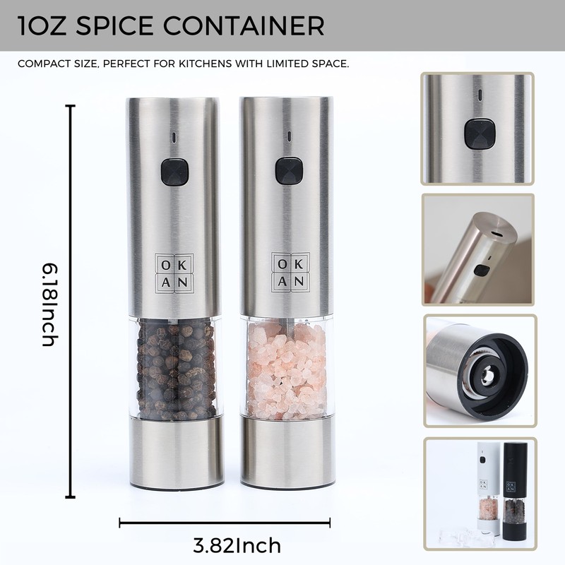 OKAN USB-C Rechargeable Salt & Pepper Grinder Set – Dual-Head