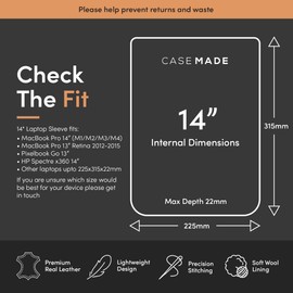 Casemade Real Leather Laptop Sleeve for MacBook Pro & Air Fits 13, 14, 15 & 16 Inch - Genuine Full Grain Leather with Soft Wool Lining (14-inch Pro M1/M2/M3/M4)
