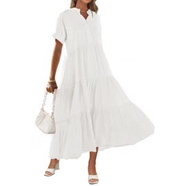 MEROKEETY Women Short Sleeve Summer Dress Button Down V Neck Ruffle Tiered Maxi Dresses White M