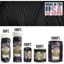 TOUGH-GRID Premium Black Paracord 750 lbs 50Ft Made in USA Outdoor Survival Nylon Rope Tactical Heavy Duty Strands Parachute Cord Used by US Military Type IV Mil-Spec