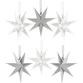 BRUBAKER 6 Paper Stars Christmas - Christmas Star Decoration Set - 20 cm Folding Stars Silver White - Large Tree Decoration Paper Stars - Christmas Tree Decoration - Christmas Tree and Window