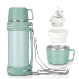 Thermos Flask, Thermos Flask with 2 Cups, Double Wall Stainless Steel Insulated Flask, Leak-proof & Robust Thermos Flask, Large Camping or Hiking with Robust Handle and Carry Strap (Mint Green, 1200