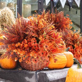 19 Bundles 10 Styles Artificial Fall Flowers Plants for Outdoors Fall Decor, Fake Faux Flower Autumn UV Resistant Boxwood Orange Mums Maple Leaves Wheat Fern for Thanksgiving Porch Window Box Planter