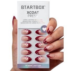 BTArtbox Press On Nails Short - Rococo Bloom, Red 3D Flower Pearl Almond French Tip Press On Nails with Glue and Adhesive Tabs for Women, Soft Gel Glue On Nails in 16 Sizes - 32 Stick On Nails Kit