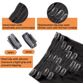 Pobokix Straight Clip In Hair Extensions Real Human Hair 8Pcs Clip In Jet Black Human Hair Extensions with 18Clips Lace Weft 120g 24inch