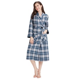 SIORO Womens Flannel Robes Long, 100% Cotton Plaid Bath Robe for Women Soft Flannel Sleepwear for Bath Shower Lounging, Blue and Gray Plaid, Small