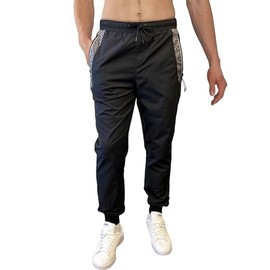 WT02 Men's Quick Dry Tech Woven Nylon Jogger Pants, Monogram Print, Lightweight, Water Resistant, Black, Small Long