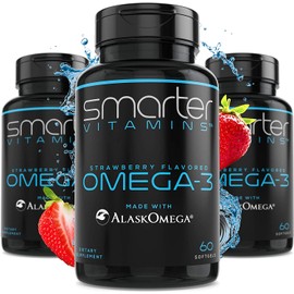 (3 Pack) SmarterVitamins Omega 3 Fish Oil, Strawberry Flavor, Burpless, Tasteless, 2000mg, Potent DHA EPA Brain Omega-3, Joint Support, Made with AlaskOmega® Triple Strength Brain Support
