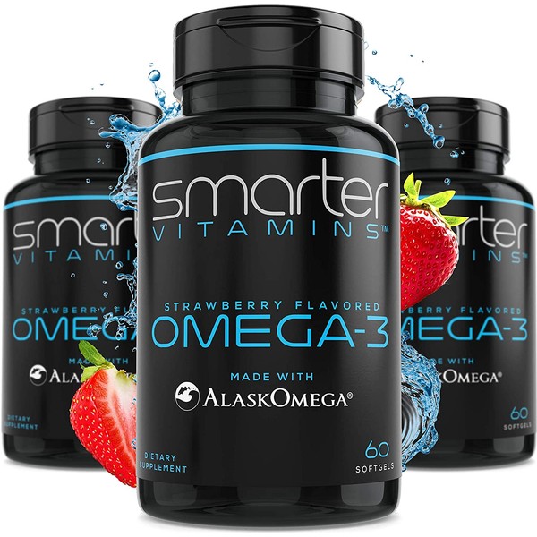 (3 Pack) SmarterVitamins Omega 3 Fish Oil, Strawberry Flavor, Burpless, Tasteless, 2000mg, Potent DHA EPA Brain Omega-3, Joint Support, Made with AlaskOmega® Triple Strength Brain Support