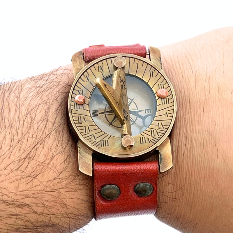 Nautical Comfort Wearable Antique Sundial Compass Brass and Leather Wrist