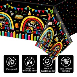 2 PCS Thank You Teacher Party Tablecloths,87" Lx51 W Rectangular Plastic Table Covers,Kids' Party Disposable Tablecloths Party Decoration Supplies