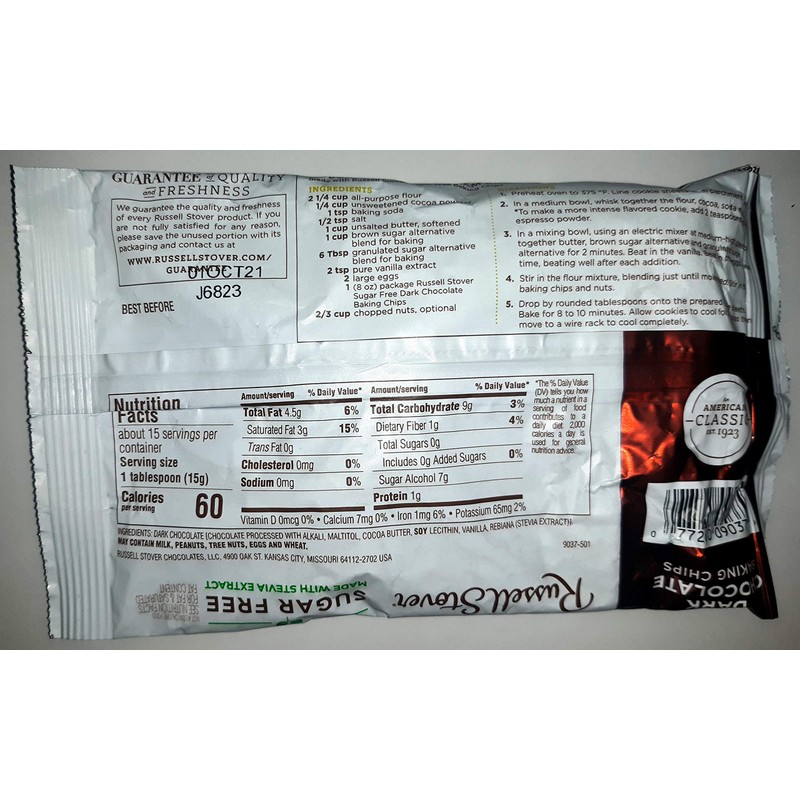 Russell Stover Sugar Free Dark Chocolate Baking Chips 8oz (227g)