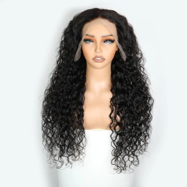 Brazilian Hair Water Wave Lace Front Wig Remy 180% Density Transparent for Lace Brown Highlights Long Length Womenstyle: Water Wave, color: Black, stretched length: 16 Inches, Lace Size: 13*4