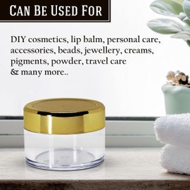nsb HERBALS 15 g Empty Acrylic San Jar Transparent / Clear Cosmetic Container with Gold Lid and Leakproof Inner lids for Lip Balms, Lip Scrubs, Body Butters, Eyeshadow, Makeup & DIY Products (12)