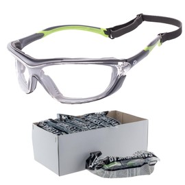 Veratti Primo Safety Glasses, 12 Pack, Anti-Fog Clear Lens, Vented Foam Lined Gray/Green Frame, ANSI Z87.1