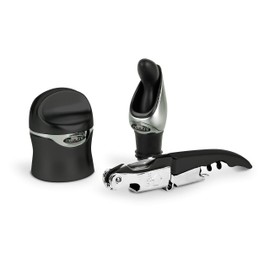 Rabbit Zippity Wine Accessories Gift Set - 3 Piece Wine Set with Corkscrew, Champagne Sealer and 2-in-1 Pourer & Stopper - Black