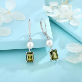 FJ Pearl Dangle Drop Earrings 925 Sterling Silver Square Princess Cut Leverback Earrings Peridot August Birthstone Jewellery Gifts for Women