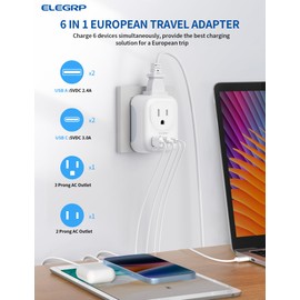 ELEGRP European Travel Plug Adapter, US to Europe Plug Adapter Converter with Two USB-A Ports and Two USB-C Ports, Type C Adapters for Europe, Spain, Italy, France, Germany, FCC, 3 Pack