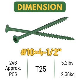 WELLOCKS Deck Screws 4-1/2", Wood Screws #10×4-1/2", Green 246 PCS, Superior Rust Resistant, Epoxy Coated, Above 1000 Hour Salt Spray Coating T25 Torx Star Bit Included for Outdoor Wood Fence