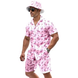 VUGOTU Men's 2 Piece Tracksuit 80s 90s Outfit Button Down 80s Shirts and Shorts Sets with Bucket Hats, Funny Flamingos, Large
