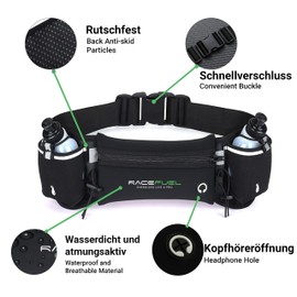 RACEFUEL Laufgürtel Trinkgürtel Gürteltasche Inclusive 2X 200ml Trinkflaschen, wasserdicht, mit Fach für Handy, ideal für Triathlon, Laufen, Fahrradfahren (schwarz)