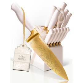 STYLED SETTINGS Knife Set with Built-in Sharpener – 14 PC Golden Titanium-Coated Stainless Steel Blades with Elegant Floral Pattern, Ultra-Sharp, Durable Kitchen Knife Block Set