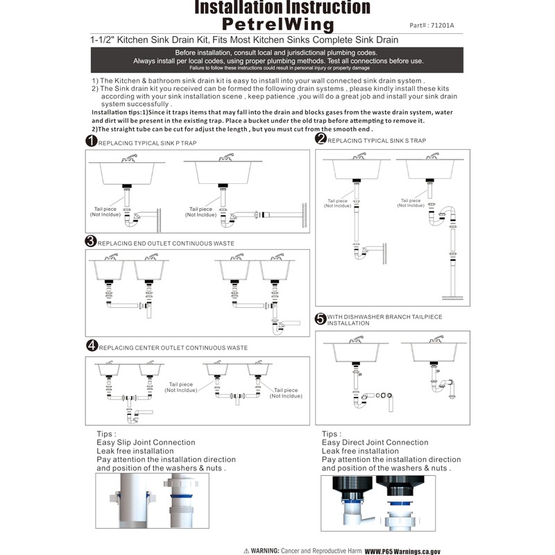Kitchen Sink Drain Kit,1-1/2" Sink Drain Plumbing Kit - Universal