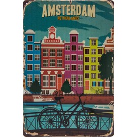 Historical Retro Vintage Tin Sign with Souvenir Travel Motif, Holiday, Adventure, Holiday Decorative Sign, 30 x 20 cm (Amsterdam, Netherlands)