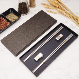 Stainless Steel Chopsticks, Titanium Plated Metal Chopsticks, 9.8" Premium Japanese Korean Color Laser Engraved Cooking Chop Sticks, Dishwasher Safe, Reusable, Anti-slip, Anti-scald, 2 Pairs Gift Set