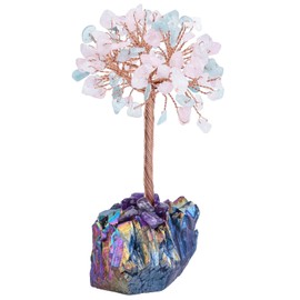 SUNYIK Natural Rose Quartz/Aquamarine Money Tree, Rainbow Aura Titanium Crystal Cluster Base Bonsai Sculpture Figurine 4.5-5.7 Inches