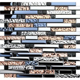 Hominter Metallic Glass Tile Rose Gold, Silver & Ink Blue Interlocking Linear Mosaic for Kitchen Backsplash, Bathroom Walls, Fireplace Surrounds & Accent Decor (6 Square Feet)