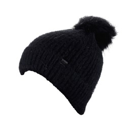 D&Y Super Soft Feathered Faux Fur Pom Cuffed Knit Beanie, Black
