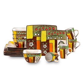 HomeVss, Stoneware Artisan Hand Painted Spring Garden, 16pc Reactive Glaze Dinnerware Set