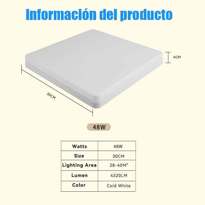 SILAMPDI Lámpara de Techo Cuadrada Blanca 30cm, 48W 6500K Para