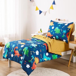 Wake In Cloud - Dinosaur Toddler Bedding Set for Boys, Cute Colorful Dinosaurs, 4 Pieces Soft Crib Bed Set Including Comforter, Sheets and Pillowcase, Navy Blue