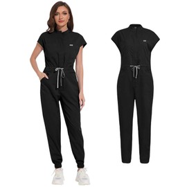 SOEDZUNG Women's Scrubs Jumpsuit - Soft Stretch Medical Scrub Set with Pockets, Comfortable Nurse & Doctor Workwear(Black,XL)