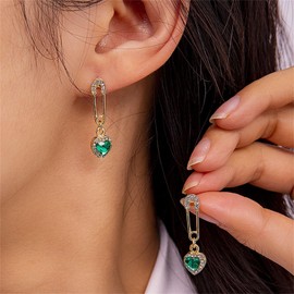 MALOYANVE Safety Pin Earrings for Women Dainty 14K Gold Plated Cubic Zirconia Paper Clip Green Crystal Love Heart Stud Post Pave Earrings Delicate Jewelry Gifts (Green)