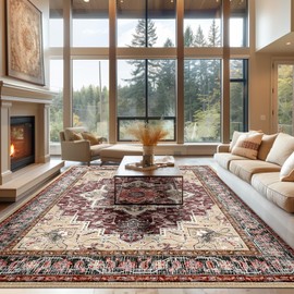 BESTSWEETIE Area Rugs 8x10 for Living Room, Washable Rugs 8x10, Ultra Soft Boho Rugs Non Slip Carpet, Low Pile Doormat Vintage Rug for Dining Room Bedroom Indoor-Wine/Natural/Red/Black