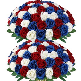 48Pcs Roses Artificial Flowers Bulk Red White and Blue Flowers 4th of July Long Stem Fake Silk Roses Flowers Patriotic Roses Flowers for Home Decor Memorial Day Independence Day Table Centerpiece