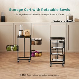 Ocyfym 3 Tier Kitchen Vegetable Storage Cart Fruit Basket with Rotating Bowls, Rolling Cart on Wheels with Wire Mesh Basket, Small Metal Pantry Organizer Stand Holder for Onion Potato, Black & Rustic