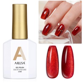 AILLSA Cat Eye Gel Nail Polish Red Glitter Crystal Gel Polish with Magnet, Burgundy Blood Shimmer Gel Nail Polish Reflective Wine Translucent Jelly Color U V Gel Salon DIY at Home 0.5 OZ GF21