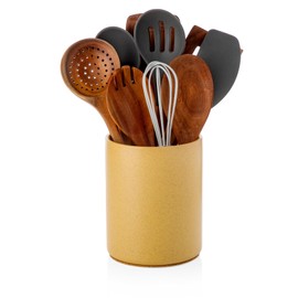 Nucookery Utensil Holder, 6.4" Ceramic Kitchen Utensil Holder for Countertop with Protection Cork Bottom, Vintage Farmhouse Kitchen Decor for Counter (Yellow Sand)