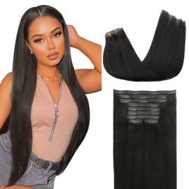 Lashey Seamless Clip in Hair Extensions 9pcs 130g Real Human Hair Extensions, 16 Inch #1B Natural Black Remy Human Hair Extensions Clip in Real Human Straight Soft Hair