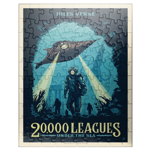 20,000 Leagues Under The Sea: Jules Verne, Vintage Poster - Premium 100 Piece Jigsaw Puzzle for Adults
